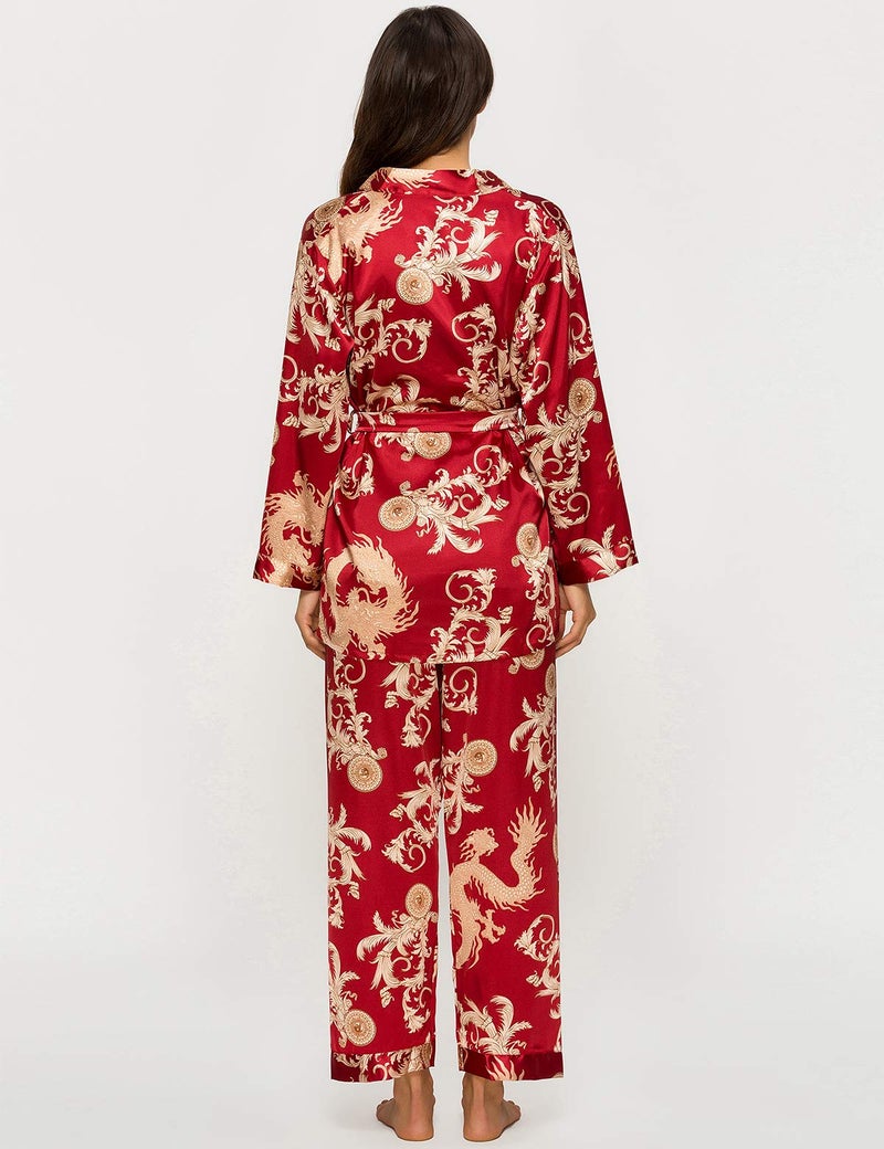 Escalier Women's Silk Satin Pajamas Set 3 Pcs Floral Silky Pj Sets Sleepwear Cami Nightwear with Robe and Pants Wine L - Image 5